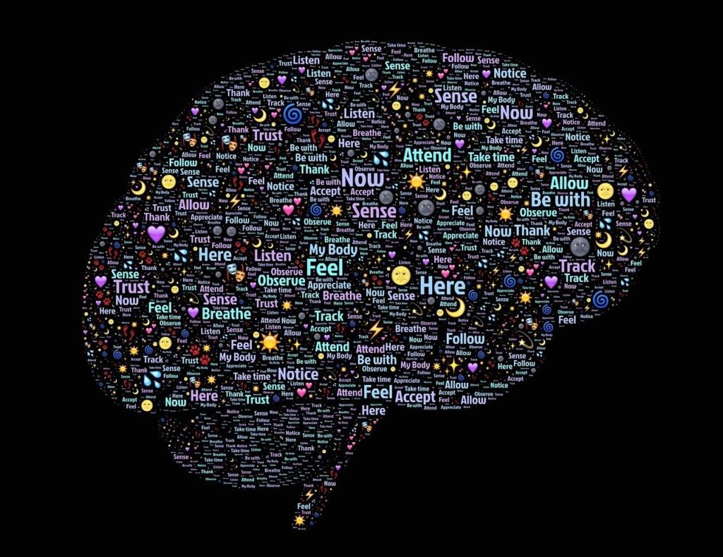 Illustration of a human brain filled with words like trust, sense, breathe — symbolizing neuroplasticity and mindfulness.